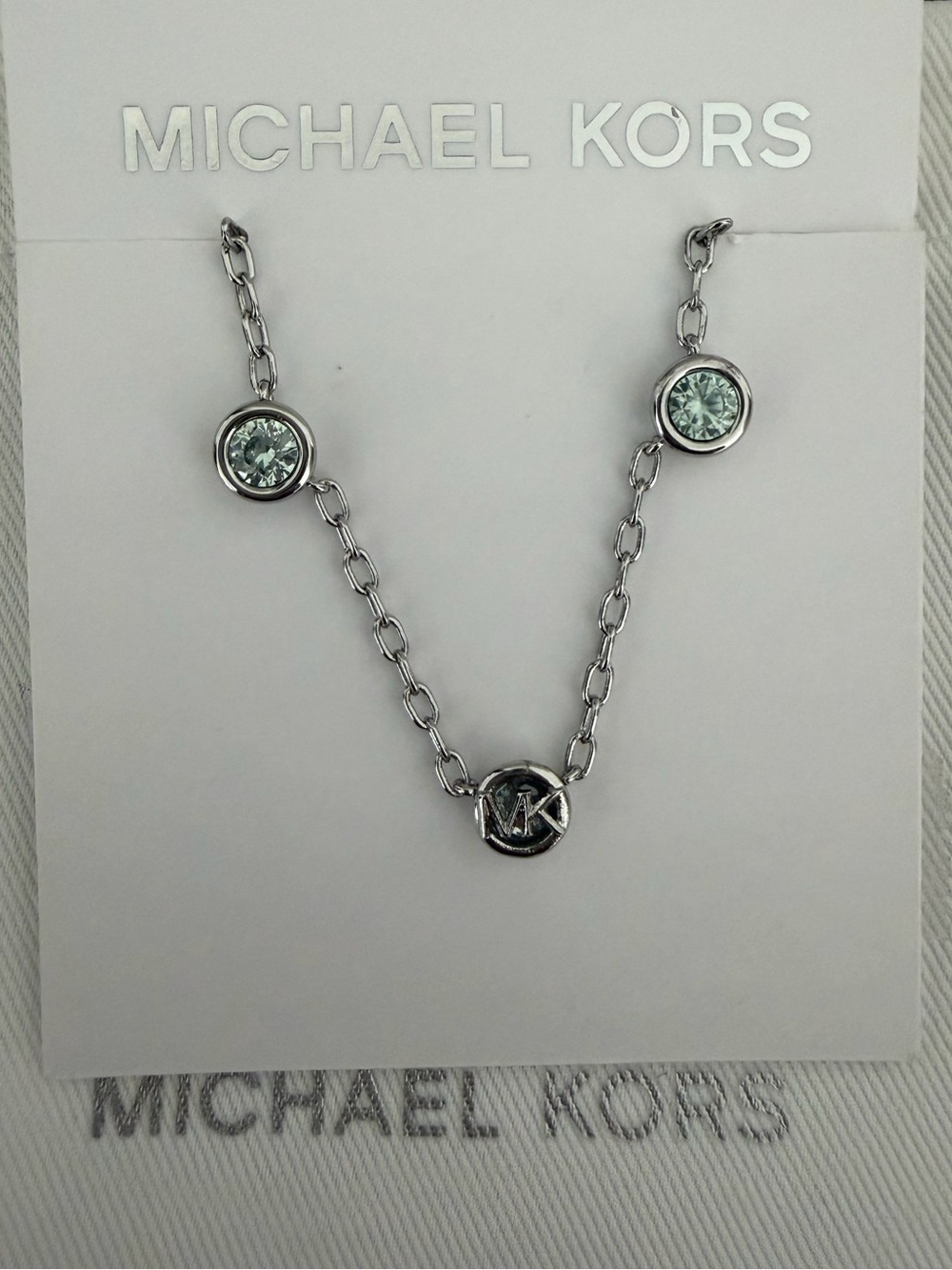 Michael Kors Silver Tone Crystal Station MK Logo Necklace NWT